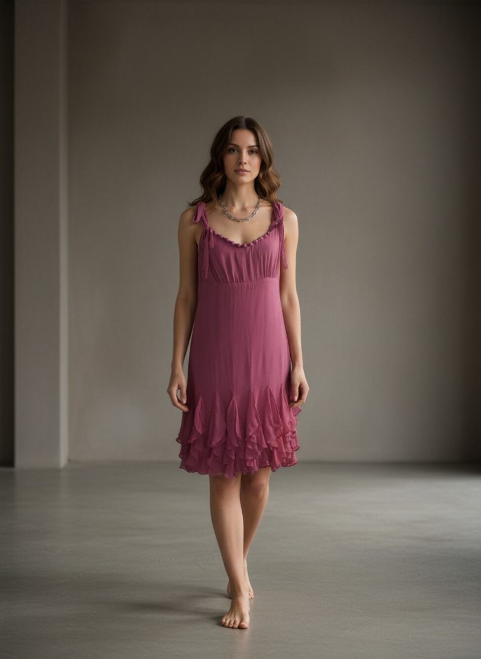 Y2K Silk Ruffle Hem Dress Pink Beaded Strap Boho Fairycore Mini